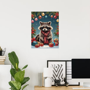 Festive Racoon in Christmas Lights Poster