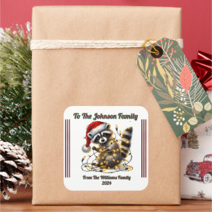Festive Racoon Wrapping Christmas Gift With Charm Square Sticker