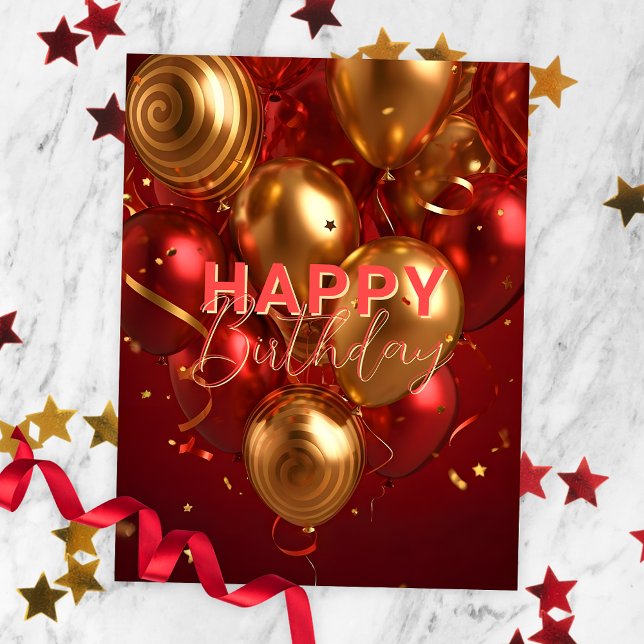Festive Red and Gold Balloon Birthday Celebration Postcard (Creator Uploaded)