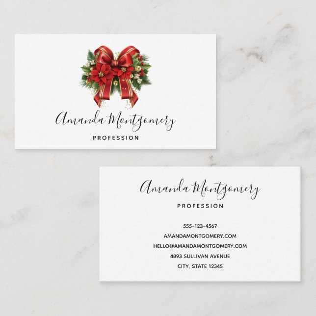 Festive Red and Gold Christmas Bow Business Card (Front/Back)