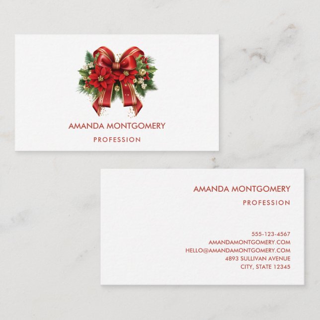 Festive Red and Gold Christmas Bow Business Card (Front/Back)