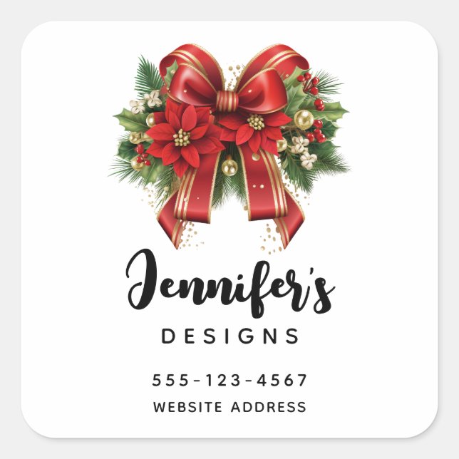 Festive Red and Gold Christmas Bow Business Square Sticker (Front)