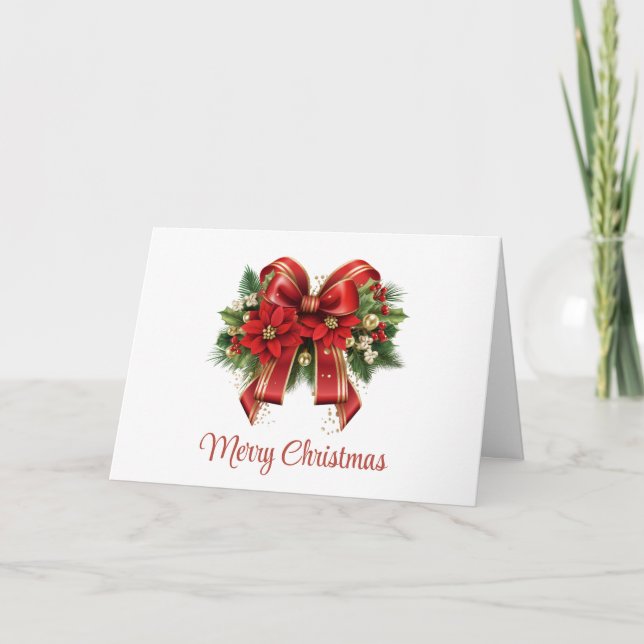 Festive Red and Gold Christmas Bow Card (Front)
