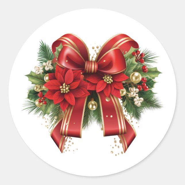 Festive Red and Gold Christmas Bow Classic Round Sticker (Front)