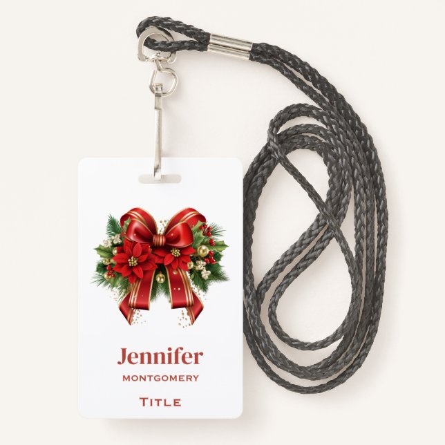 Festive Red and Gold Christmas Bow ID Badge (Front with Lanyard)