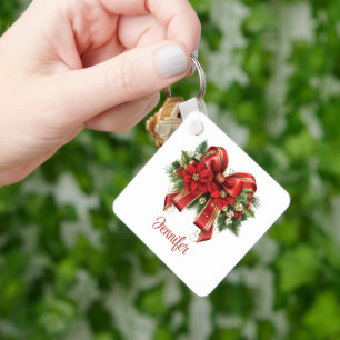 Festive Red and Gold Christmas Bow Key Ring