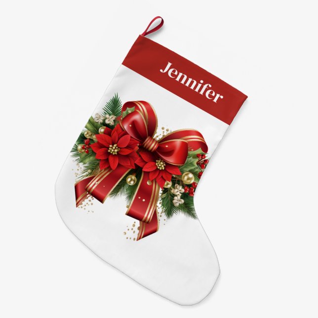 Festive Red and Gold Christmas Bow Large Christmas Stocking (Front (Hanging))