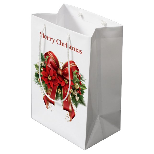 Festive Red and Gold Christmas Bow Medium Gift Bag (Back Angled)