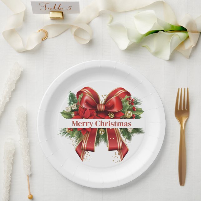 Festive Red and Gold Christmas Bow Paper Plate (Wedding)