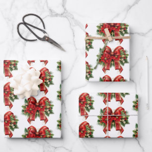 Festive Red and Gold Christmas Bow Pattern Wrapping Paper Sheet