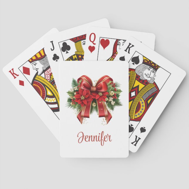 Festive Red and Gold Christmas Bow Playing Cards (Back)