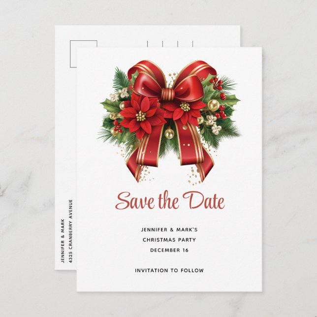 Festive Red and Gold Christmas Bow Save the Date Invitation Postcard (Front/Back)