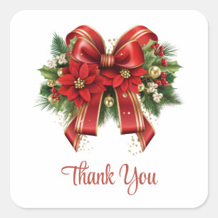 Festive Red and Gold Christmas Bow Thank You Square Sticker