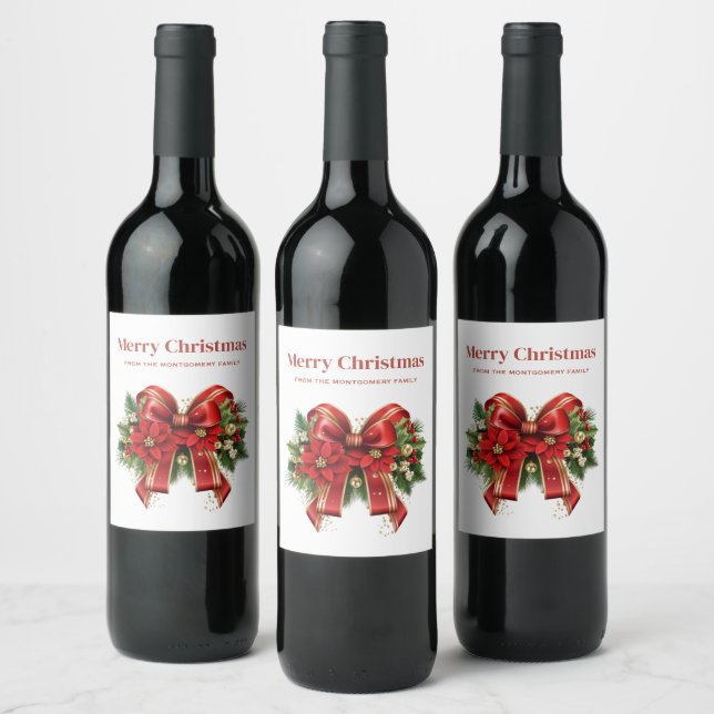Festive Red and Gold Christmas Bow Wine Label (Bottles)