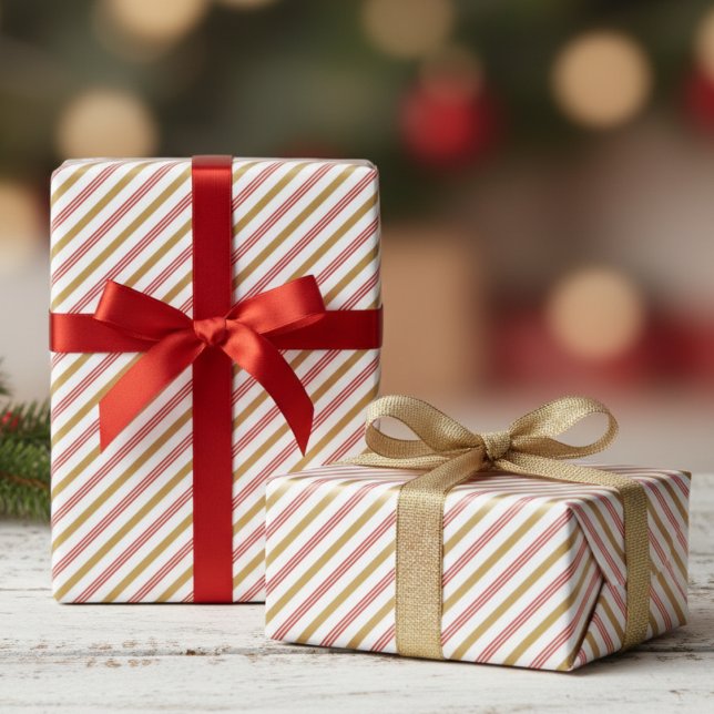 Festive Red and Gold Christmas Candy Cane Stripes  Wrapping Paper ( Modern Elegant Red and Gold Chic Christmas Wrapping Paper. Trendy Candy Cane Striped Xmas Pattern)