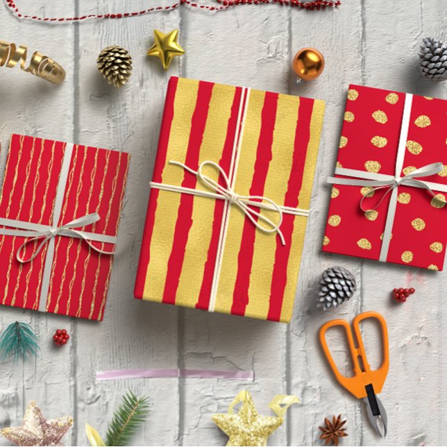Festive Red and Gold Christmas Glitter Stripes  Wrapping Paper Sheet (Golden glitter on red Christmas set of 3 Wrapping Paper Sheet)