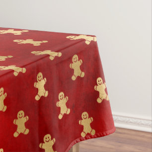 Festive Red and Gold Foil Winter Gingerbread Man Tablecloth