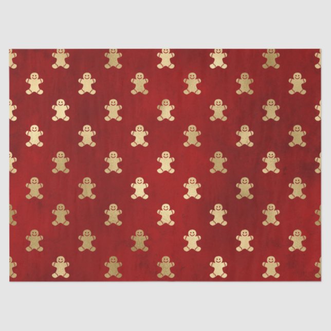 Festive Red and Gold Foil Winter Gingerbread Man Tissue Paper (Front)