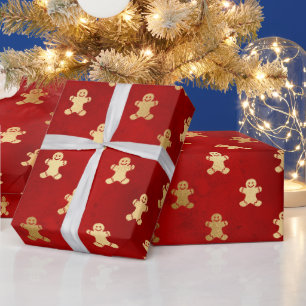 Festive Red and Gold Foil Winter Gingerbread Man Wrapping Paper