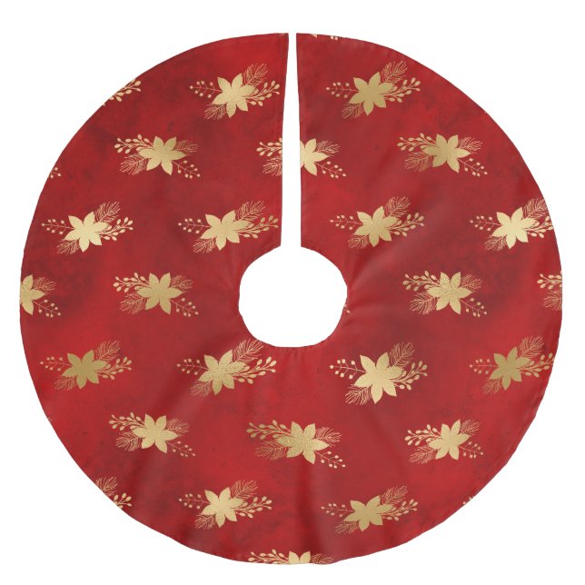 Festive Red and Gold Foil Winter Poinsettia Brushed Polyester Tree Skirt (Front)