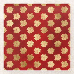 Festive Red and Gold Foil Winter Poinsettia Flower Glass Coaster