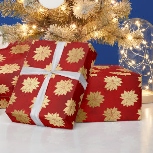 Festive Red and Gold Foil Winter Poinsettia Flower Wrapping Paper