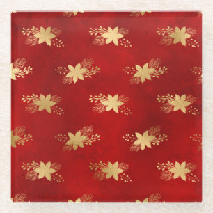 Festive Red and Gold Foil Winter Poinsettia Glass Coaster