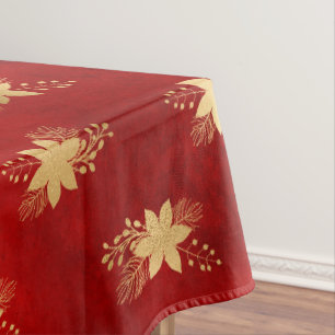 Festive Red and Gold Foil Winter Poinsettia Tablecloth