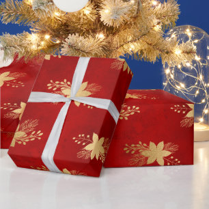 Festive Red and Gold Foil Winter Poinsettia Wrapping Paper