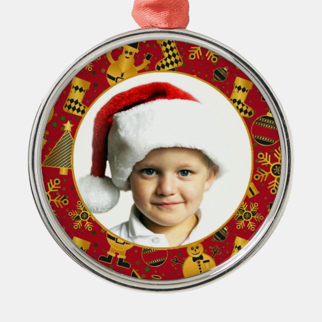 Festive Red and Gold Pattern Custom Photo Metal Ornament (Front)