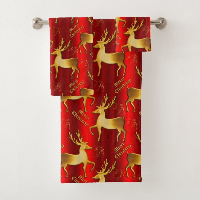 Festive Red and Gold Reindeer Merry Christmas Bath Towel Set (Insitu)