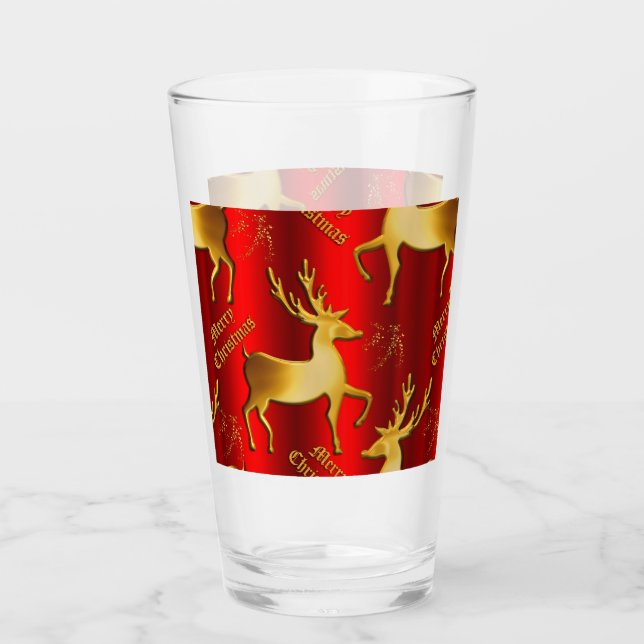 Festive Red and Gold Reindeer Merry Christmas Glass (Front)