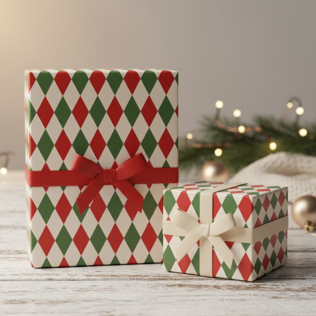 Festive Red and Green Argyle Diamonds Xmas Wrapping Paper (Elegant Red Green Ivory Diamonds Argyle Pattern Christmas Wrapping Paper. Chic Festive Gift Wrap)
