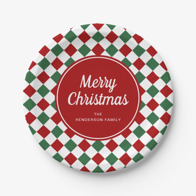 Festive Red And Green Checked Christmas Paper Plate (Front)