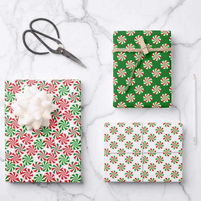 Festive Red and Green Christmas Candy Swirls Wrapping Paper Sheet (Front)
