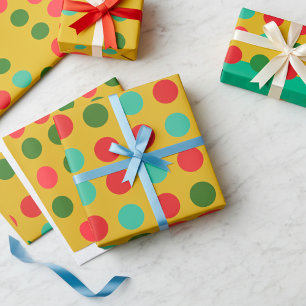 Festive Red and Green Dots on Gold Wrapping Paper