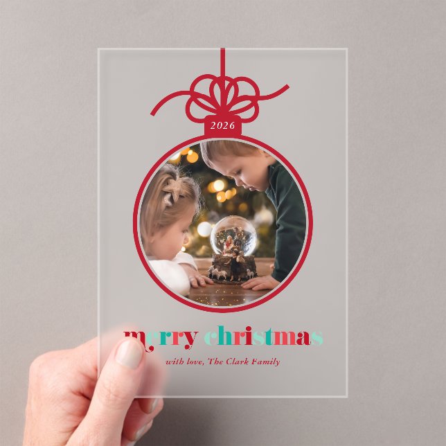 Festive Red and Green Lettering Ornament Photo  Acrylic Invitations (Insitu (Handheld))