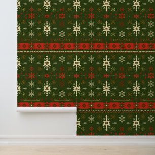 Festive Red and Green Nordic Pattern Wallpaper