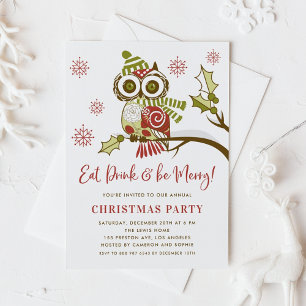 Festive Red and Green Owl Christmas Party Invitation