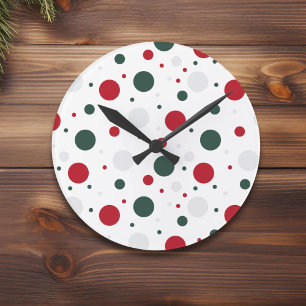 Festive Red and Green Polka Dot Christmas  Round Clock