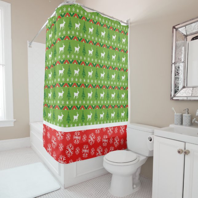 Festive Red and Green Reindeers, Trees, Snowflakes Shower Curtain (In Situ)