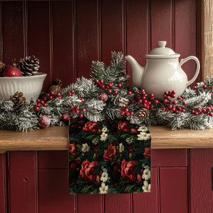 Festive Red and White Christmas Flowers Tea Towel