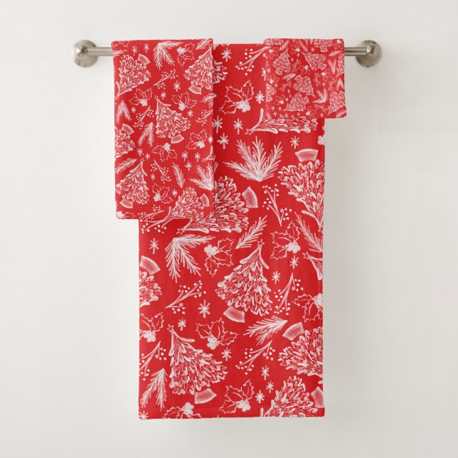 Festive Red and White Christmas Tree and Holly  Bath Towel Set (Insitu)