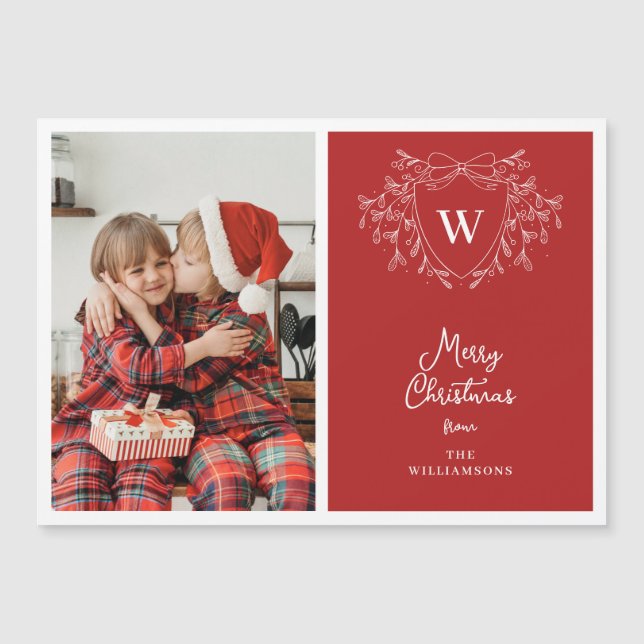 Festive red and white crest photo magnetic card (Front)