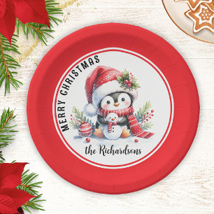 Festive Red and White Cute Penguin Merry Christmas Paper Plate