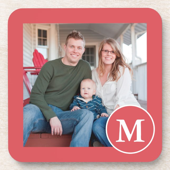 Festive Red and White Monogram Photo Coaster (Front)