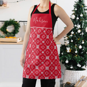 Festive Red and White Nordic Snowflake Pattern Apron