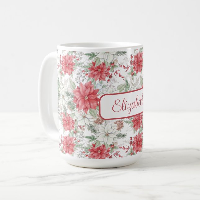 Festive Red and White Poinsettias Monogrammed Coffee Mug (Front Left)