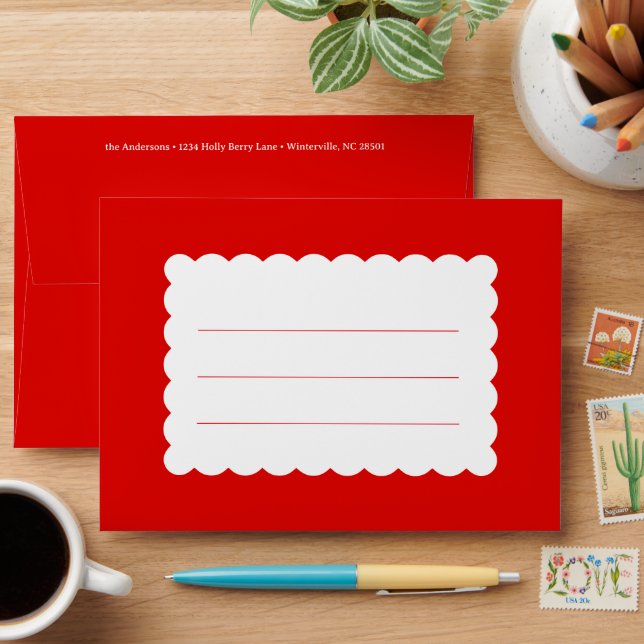Festive Red and White Scallop Detail Holiday Envelope (Desk)