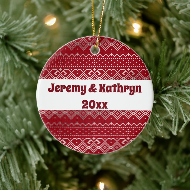 Festive Red and White Scandinavian Knit Pattern Ceramic Ornament (Tree)